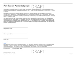 Plan Delivery Acknowledgement
Notes
Client signature & date
________________________________________________________
Delivery Date
________________________________________________________
We have prepared this plan based on information provided by you. We have not attempted to verify the accuracy or completeness of this
information. As the future cannot be forecast with certainty, actual results will vary from these projections. It is possible that these
variations may be material. The degree of uncertainty normally increases with the length of the future period covered.
Financial Advisor : Jim Zientara, MBA, CIMA
Your advisor (Jim Zientara, MBA, CIMA) will review this plan with you on a periodic basis to determine whether your stated goals and
assumptions in this plan are still relevant. It is not expected that the plan will change frequently. In particular, short-term changes in the
financial markets should not generally require adjustments to the plan. It is your obligation to notify all interested parties of any material
changes that would alter the objectives of this plan. If all interested parties are not notified of any material changes, then the current plan
document would become invalid.
This plan should be reviewed periodically to ensure that the decisions made continue to be appropriate, particularly if there are changes in
family circumstances including, but not limited to an inheritance, birth of a child, death of a family member, or material change in incomes
or expenses.
We (Sam and Sue Johnson) have reviewed and accept the information contained within this plan and understand the assumptions
associated with it. We believe that all information provided by us is complete and accurate to the best of our knowledge. We recognize
that performance is not guaranteed and that all future projections are included simply as a tool for decision making and do not represent a
forecast of our financial future.
Advisor signature & date
________________________________________________________
Plan Name : Financial Goal Plan
Report Name : Financial Goal Plan 10/31/2016
 