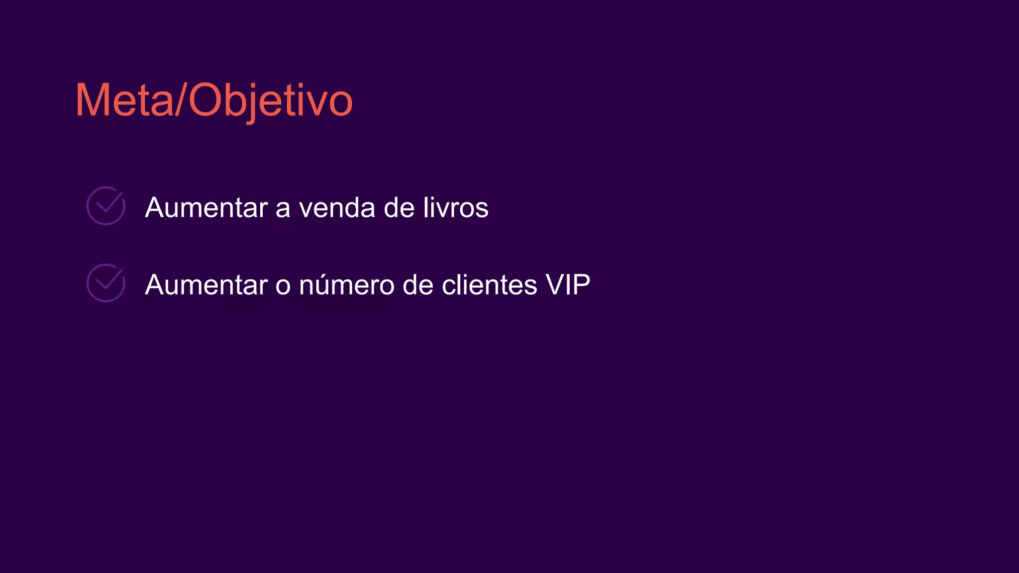 Meta/Objetivo
Aumentar a venda de livros
Aumentar o número de clientes VIP
 