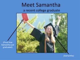 90 Pheasant Drive Bayville, NJ 08721 (609) 661.4702 [email_address] Meet Samantha  a recent college graduate (Samantha) (Proof that Samantha just graduated) 