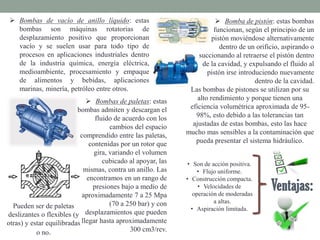  Bombas de vacío de anillo líquido: estas
bombas son máquinas rotatorias de
desplazamiento positivo que proporcionan
vacío y se suelen usar para todo tipo de
procesos en aplicaciones industriales dentro
de la industria química, energía eléctrica,
medioambiente, procesamiento y empaque
de alimentos y bebidas, aplicaciones
marinas, minería, petróleo entre otros.
 Bombas de paletas: estas
bombas admiten y descargan el
fluido de acuerdo con los
cambios del espacio
comprendido entre las paletas,
contenidas por un rotor que
gira, variando el volumen
cubicado al apoyar, las
mismas, contra un anillo. Las
encontramos en un rango de
presiones bajo a medio de
aproximadamente 7 a 25 Mpa
(70 a 250 bar) y con
desplazamientos que pueden
llegar hasta aproximadamente
300 cm3/rev.
Pueden ser de paletas
deslizantes o flexibles (y
otras) y estar equilibradas
o no.
 Bomba de pistón: estas bombas
funcionan, según el principio de un
pistón moviéndose alternativamente
dentro de un orificio, aspirando o
succionando al retraerse el pistón dentro
de la cavidad, y expulsando el fluido al
pistón irse introduciendo nuevamente
dentro de la cavidad.
Las bombas de pistones se utilizan por su
alto rendimiento y porque tienen una
eficiencia volumétrica aproximada de 95-
98%, esto debido a las tolerancias tan
ajustadas de estas bombas, esto las hace
mucho mas sensibles a la contaminación que
pueda presentar el sistema hidráulico.
• Son de acción positiva.
• Flujo uniforme.
• Construcción compacta.
• Velocidades de
operación de moderadas
a altas.
• Aspiración limitada.
 