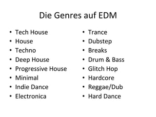 Die	
  Genres	
  auf	
  EDM	
  
•    Tech	
  House	
            •    Trance	
  
•    House	
                    •    Dubstep	
  
•    Techno	
                   •    Breaks	
  
•    Deep	
  House	
            •    Drum	
  &	
  Bass	
  
•    Progressive	
  House	
     •    Glitch	
  Hop	
  
•    Minimal	
                  •    Hardcore	
  
•    Indie	
  Dance	
           •    Reggae/Dub	
  
•    Electronica	
              •    Hard	
  Dance	
  
 