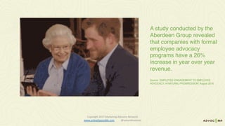 Copyright	2017	Marketing	Advisory	Network													
www.unleashpossible.com @samanthastone	
A study conducted by the
Aberdeen Group revealed
that companies with formal
employee advocacy
programs have a 26%
increase in year over year
revenue.
Source: EMPLOYEE ENGAGEMENT TO EMPLOYEE
ADVOCACY: A NATURAL PROGRESSION” August 2016
 