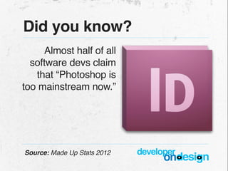 Did you know?
     Almost half of all
  software devs claim
   that “Photoshop is
too mainstream now.”




Source: Made Up...