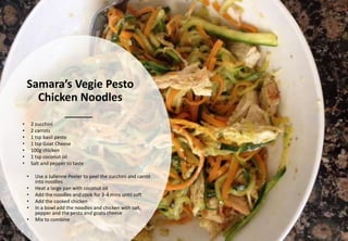 Samara’s Vegie Pesto
Chicken Noodles
• 2 zucchini
• 2 carrots
• 1 tsp basil pesto
• 1 tsp Goat Cheese
• 100g chicken
• 1 tsp coconut oil
• Salt and pepper to taste
• Use a Julienne Peeler to peel the zucchini and carrot
into noodles
• Heat a large pan with coconut oil
• Add the noodles and cook for 3-4 mins until soft
• Add the cooked chicken
• In a bowl add the noodles and chicken with salt,
pepper and the pesto and goats cheese
• Mix to combine
 
