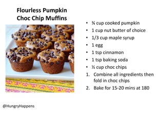 Flourless Pumpkin
Choc Chip Muffins
@HungryHappens
• ¾ cup cooked pumpkin
• 1 cup nut butter of choice
• 1/3 cup maple syrup
• 1 egg
• 1 tsp cinnamon
• 1 tsp baking soda
• ½ cup choc chips
1. Combine all ingredients then
fold in choc chips
2. Bake for 15-20 mins at 180
 