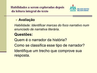 Habilidades a serem exploradas depois
da leitura integral do texto
 Avaliação
Habilidade: Identificar marcas do foco narrativo num
enunciado de narrativa literária.
Questões:
Quem é o narrador da história?
Como se classifica esse tipo de narrador?
Identifique um trecho que comprove sua
resposta.
 