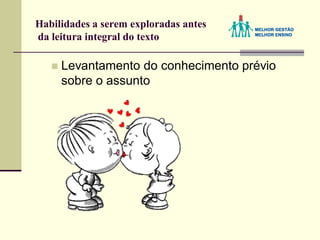 Habilidades a serem exploradas antes
da leitura integral do texto
 Levantamento do conhecimento prévio
sobre o assunto
 
