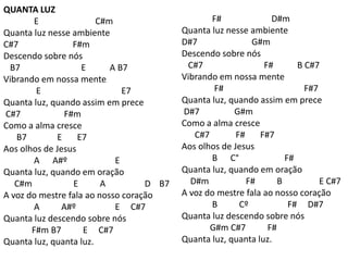 QUANTA LUZ
E C#m
Quanta luz nesse ambiente
C#7 F#m
Descendo sobre nós
B7 E A B7
Vibrando em nossa mente
E E7
Quanta luz, quando assim em prece
C#7 F#m
Como a alma cresce
B7 E E7
Aos olhos de Jesus
A A#º E
Quanta luz, quando em oração
C#m E A D B7
A voz do mestre fala ao nosso coração
A A#º E C#7
Quanta luz descendo sobre nós
F#m B7 E C#7
Quanta luz, quanta luz.
F# D#m
Quanta luz nesse ambiente
D#7 G#m
Descendo sobre nós
C#7 F# B C#7
Vibrando em nossa mente
F# F#7
Quanta luz, quando assim em prece
D#7 G#m
Como a alma cresce
C#7 F# F#7
Aos olhos de Jesus
B C° F#
Quanta luz, quando em oração
D#m F# B E C#7
A voz do mestre fala ao nosso coração
B Cº F# D#7
Quanta luz descendo sobre nós
G#m C#7 F#
Quanta luz, quanta luz.
 