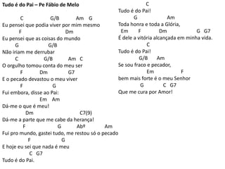 Tudo é do Pai – Pe Fábio de Melo
C G/B Am G
Eu pensei que podia viver por mim mesmo
F Dm
Eu pensei que as coisas do mundo
G G/B
Não iriam me derrubar
C G/B Am C
O orgulho tomou conta do meu ser
F Dm G7
E o pecado devastou o meu viver
F G
Fui embora, disse ao Pai:
Em Am
Dá-me o que é meu!
Dm C7(9)
Dá-me a parte que me cabe da herança!
F G Abº Am
Fui pro mundo, gastei tudo, me restou só o pecado
F G
E hoje eu sei que nada é meu
C G7
Tudo é do Pai.
C
Tudo é do Pai!
G Am
Toda honra e toda a Glória,
Em F Dm G G7
É dele a vitória alcançada em minha vida.
C
Tudo é do Pai!
G/B Am
Se sou fraco e pecador,
Em F
bem mais forte é o meu Senhor
G C G7
Que me cura por Amor!
 