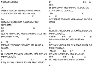 NOSSA SENHORA
A
CUBRA-ME COM SEU MANTO DE AMOR,
GUARDA-ME NA PAZ DESSE OLHAR,
A7
Bm
CURA-ME AS FERIDAS E A DOR ME FAZ
SUPORTAR.
Bm E7
Bm
QUE AS PEDRAS DO MEU CAMINHO MEUS PÉS
SUPORTEM PISAR,
E7
A E7
MESMO FERIDO DE ESPINHOS ME AJUDE A
PASSAR.
A
SE FICARAM MÁGOAS EM MIM, MÃE TIRA DO
MEU CORAÇÃO
A A7 D
E AQUELES QUE EU FIZ SOFRER PEÇO PEDÃO.
D Dm A
F#m
SE EU CURVAR MEU CORPO NA DOR, ME
ALIVIA O PESO DA CRUZ,
Bm E7
A E7
INTERCEDA POR MIM MINHA MÃE JUNTO A
JESUS.
A
NOSSA SENHORA, ME DÊ A MÃO, CUIDA DO
MEU CORAÇÃO,
A#dim Bm E7 A E7
DA MINHA VIDA, DO MEU DESTINO.
A
NOSSA SENHORA, ME DÊ A MÃO, CUIDA DO
MEU CORAÇÃO,
A#dim Bm E7 A
DA MINHA VIDA, DO MEU DESTINO.
F#m Bm E7 A
DO MEU CAMINHO, CUIDA DE MIM.
A.
 