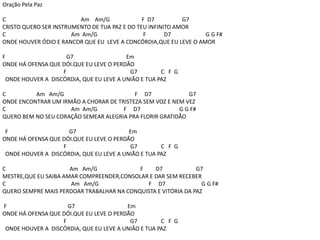 Oração Pela Paz
C Am Am/G F D7 G7
CRISTO QUERO SER INSTRUMENTO DE TUA PAZ E DO TEU INFINITO AMOR
C Am Am/G F D7 G G F#
ONDE HOUVER ÓDIO E RANCOR QUE EU LEVE A CONCÓRDIA,QUE EU LEVE O AMOR
F G7 Em
ONDE HÁ OFENSA QUE DÓI.QUE EU LEVE O PERDÃO
F G7 C F G
ONDE HOUVER A DISCÓRDIA, QUE EU LEVE A UNIÃO E TUA PAZ
C Am Am/G F D7 G7
ONDE ENCONTRAR UM IRMÃO A CHORAR DE TRISTEZA SEM VOZ E NEM VEZ
C Am Am/G F D7 G G F#
QUERO BEM NO SEU CORAÇÃO SEMEAR ALEGRIA PRA FLORIR GRATIDÃO
F G7 Em
ONDE HÁ OFENSA QUE DÓI.QUE EU LEVE O PERDÃO
F G7 C F G
ONDE HOUVER A DISCÓRDIA, QUE EU LEVE A UNIÃO E TUA PAZ
C Am Am/G F D7 G7
MESTRE,QUE EU SAIBA AMAR COMPREENDER,CONSOLAR E DAR SEM RECEBER
C Am Am/G F D7 G G F#
QUERO SEMPRE MAIS PERDOAR TRABALHAR NA CONQUISTA E VITÓRIA DA PAZ
F G7 Em
ONDE HÁ OFENSA QUE DÓI.QUE EU LEVE O PERDÃO
F G7 C F G
ONDE HOUVER A DISCÓRDIA, QUE EU LEVE A UNIÃO E TUA PAZ
 