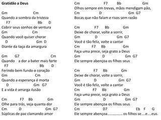 Gratidão a Deus
Gm Cm
Quando a sombra da tristeza
F7 Bb D
Cobrir seus sonhos de ventura
Gm Cm
Quando você quiser chorar
D Gm D
Diante da taça da amargura
Gm G7 Cm
Quando a dor a bater mais forte
F7 Bb D
Ferindo bem fundo o coração
Gm Cm
Quando a esperança é morta
D Gm G7
E a vida é amarga ilusão
Cm F7 Bb Gm
Olhe para trás, veja quanta dor
Cm D Gm G7
Súplicas de paz clamando amor
Cm F7 Bb Gm
Olhos sempre em trevas, mãos mendigam pão,
Cm D Gm G7
Bocas que não falam e risos sem razão
Cm F7 Bb Gm
Deixe de chorar, volte a sorrir,
Gm D Gm G7
Você é tão feliz, volte a cantar
Cm F7 Bb Gm
Faça uma prece, seja grato a Deus
Gm D Gm G7
Ele sempre abençoa os filhos seus
Cm F7 Bb Gm
Deixe de chorar, volte a sorrir,
Gm D Gm G7
Você é tão feliz, volte a cantar
Cm F7 Bb Gm
Faça uma prece, seja grato a Deus
Gm D Gm G7
Ele sempre abençoa os filhos seus
Cm D7 Eb F G
Ele sempre abençoa............... os filhos se....e....eus.
 