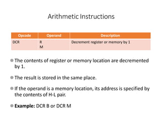Opcode Operand Description
DCR R
M
Decrement register or memory by 1
⚫The contents of register or memory location are decremented
by 1.
⚫The result is stored in the same place.
⚫If the operand is a memory location, its address is specified by
the contents of H-L pair.
⚫Example: DCR B or DCR M
Arithmetic Instructions
 