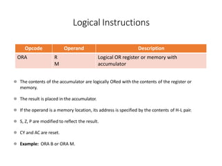 Opcode Operand Description
ORA R
M
Logical OR register or memory with
accumulator
⚫ The contents of the accumulator are logically ORed with the contents of the register or
memory.
⚫ The result is placed in the accumulator.
⚫ If the operand is a memory location, its address is specified by the contents of H-L pair.
⚫ S, Z, P are modified to reflect the result.
⚫ CY and AC are reset.
⚫ Example: ORA B or ORA M.
Logical Instructions
 