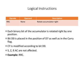 Opcode Operand Description
RRC None Rotate accumulator right
⚫Each binary bit of the accumulator is rotated right by one
position.
⚫Bit D0 is placed in the position of D7 as well as in the Carry
flag.
⚫CY is modified according to bit D0.
⚫S, Z, P
, AC are not affected.
⚫Example: RRC.
Logical Instructions
 
