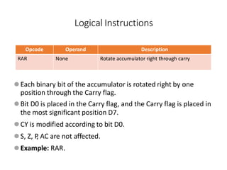 Opcode Operand Description
RAR None Rotate accumulator right through carry
⚫Each binary bit of the accumulator is rotated right by one
position through the Carry flag.
⚫Bit D0 is placed in the Carry flag, and the Carry flag is placed in
the most significant position D7.
⚫CY is modified according to bit D0.
⚫S, Z, P
, AC are not affected.
⚫Example: RAR.
Logical Instructions
 