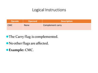 Opcode Operand Description
CMC None Complement carry
⚫The Carry flag is complemented.
⚫Noother flags are affected.
⚫Example: CMC.
Logical Instructions
 
