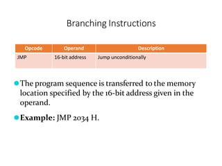 Opcode Operand Description
JMP 16-bit address Jump unconditionally
⚫The program sequence is transferred to the memory
location specified by the 16-bit address given in the
operand.
⚫Example: JMP 2034 H.
Branching Instructions
 