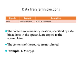 Data Transfer Instructions
Opcode Operand Description
LDA 16-bit address Load Accumulator
⚫The contents of a memory location, specified bya 16-
bit address in the operand, are copied to the
accumulator.
⚫The contents of the source are notaltered.
⚫Example: LDA 2034H
 