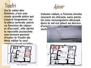 Tisefri
Ou le salon des
femmes ,c’est une
assez grande pièce qui
s’ouvre largement sur
la pièce centrale ,outre
sa fonction de séjour
et d’accueil , elle abrite
la nouvelle accouchée
une tenture permet
d’isoler le Tizefri du
West eddar le seul
contact visuel qu’elles
ont est le Chouf (petit
trou a hauteur des
yeux en position
assise
Ajimir
Volume réduit, a l’entrée étroite
souvent en chicane, sans porte.
Un trou rectangulaire découpé
dans le sol est placé au dessus
d’une fosse ou les matières
sèchent.
 