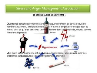 Stress andAnger Management Association
LE STRESS SUR LE LONG TERME :
Certaines personnes sont de nature anxieuse, ou souffrent de stress depuis de
nombreuses années, à tel point que le stress n'a plus d'emprise sur eux (ou tout du
moins, c'est ce qu'elles pensent). Le stress devient donc une habitude, un peu comme
fumer des cigarettes.
Le stress sur le long terme est mauvais pour votre santé. Vous pouvez avoir des
problèmes cardiovasculaires ou de l'hypertension artérielle.
 