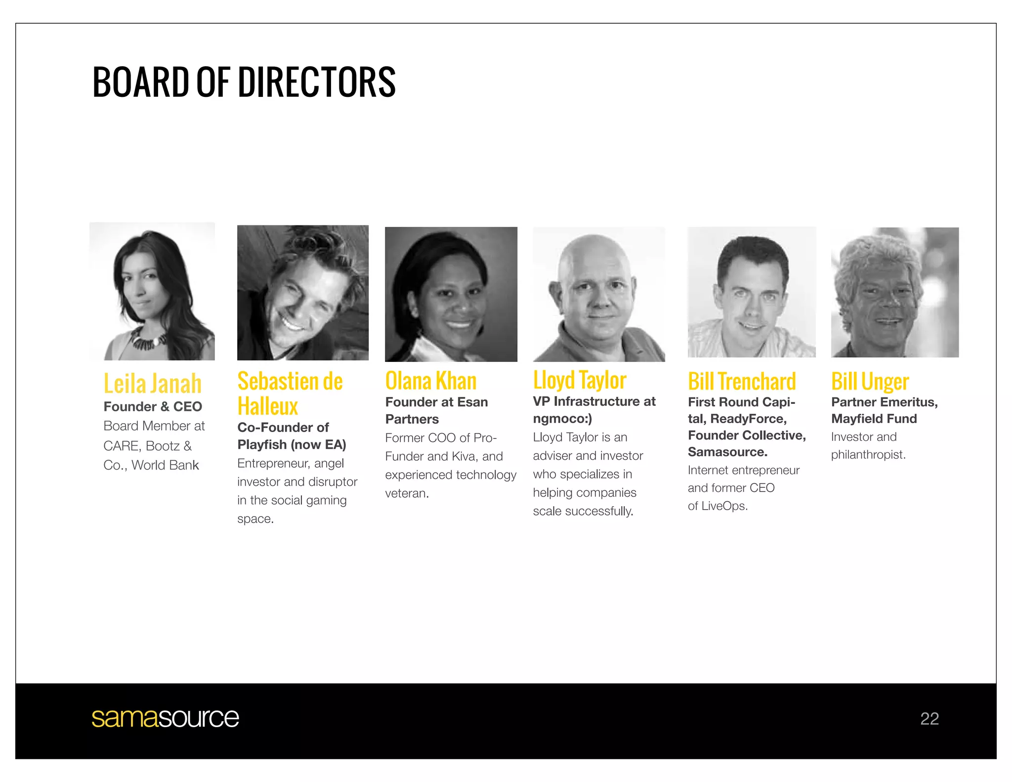Sebastien de             Olana Khan        Lloyd

BOARD OF DIRECTORS                                                             Halleux
                                                                               Co-Founder of




           SAMASTORY
                                                                                                                          adviser




               BOARD MEMBERS
                                                                               investor and disruptor




Leila Janah       Sebastien de             Olana Khan   Lloyd Taylor           Bill Trenchard           Bill Unger
Founder & CEO     Halleux                                                                         -
Board Member at   Co-Founder of
CARE, Bootz &
                                                        adviser and investor
Co., World Bank
                  investor and disruptor




                                                                                                                     22
                  Bill Trenchard           Bill Unger
                                     -
 