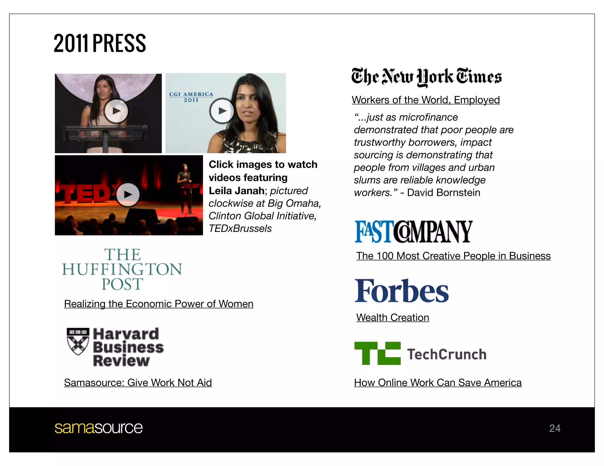 2011 PRESS

                                                          Workers of the World, Employed
                                                          “...just as microﬁnance
                                                          demonstrated that poor people are
                                                          trustworthy borrowers, impact
                                                          sourcing is demonstrating that
                             Click images to watch        people from villages and urban
                             videos featuring             slums are reliable knowledge
                             Leila Janah; pictured        workers.” - David Bornstein
                             clockwise at Big Omaha,
                             Clinton Global Initiative,
                             TEDxBrussels

                                                          The 100 Most Creative People in Business



 Realizing the Economic Power of Women
                                                          Wealth Creation




 Samasource: Give Work Not Aid                            How Online Work Can Save America



                                                                                                 24
 
