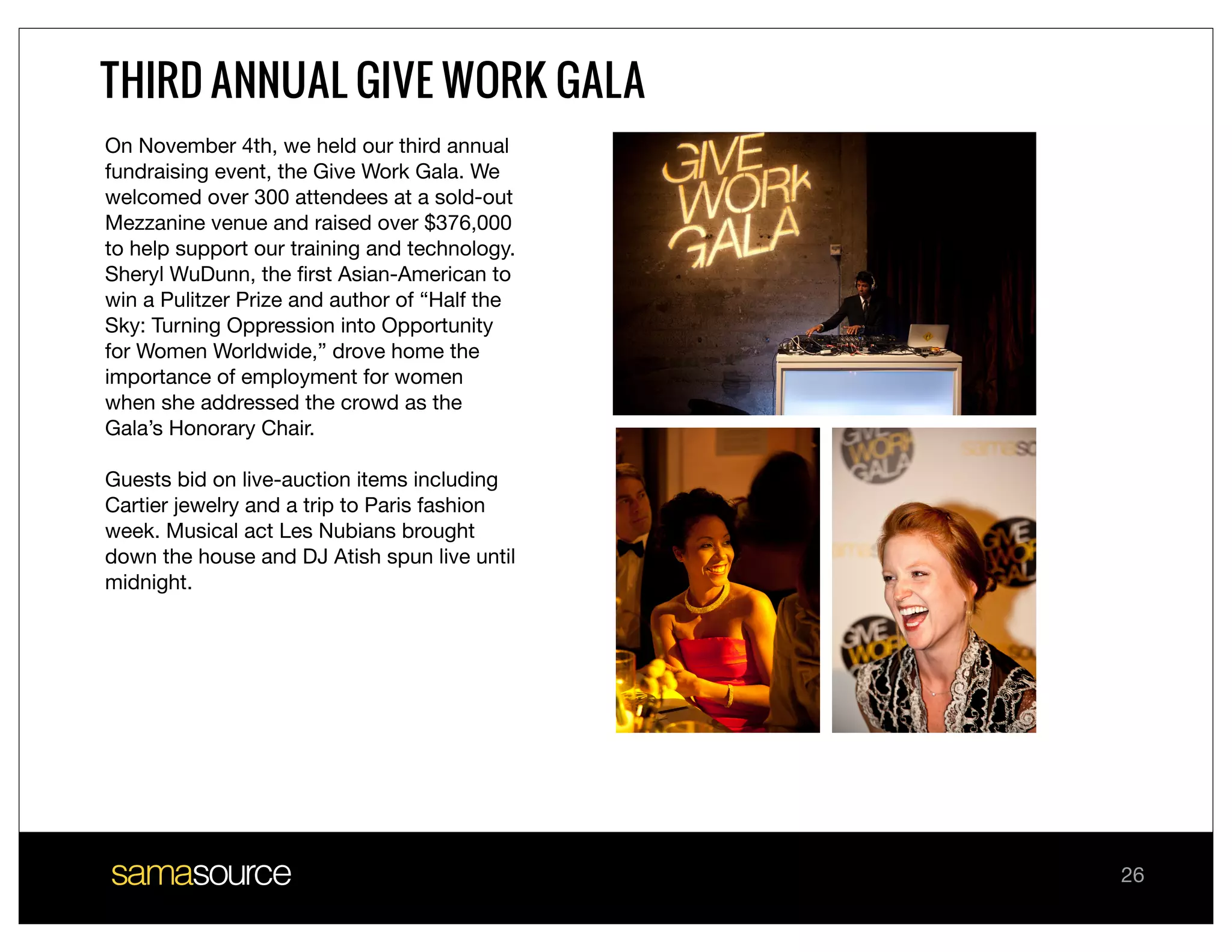 THIRD ANNUAL GIVE WORK GALA
On November 4th, we held our third annual
fundraising event, the Give Work Gala. We
welcomed over 300 attendees at a sold-out
Mezzanine venue and raised over $376,000
to help support our training and technology.
Sheryl WuDunn, the ﬁrst Asian-American to
win a Pulitzer Prize and author of “Half the
Sky: Turning Oppression into Opportunity
for Women Worldwide,” drove home the
importance of employment for women
when she addressed the crowd as the
Gala’s Honorary Chair.

Guests bid on live-auction items including
Cartier jewelry and a trip to Paris fashion
week. Musical act Les Nubians brought
down the house and DJ Atish spun live until
midnight.




                                               26
 