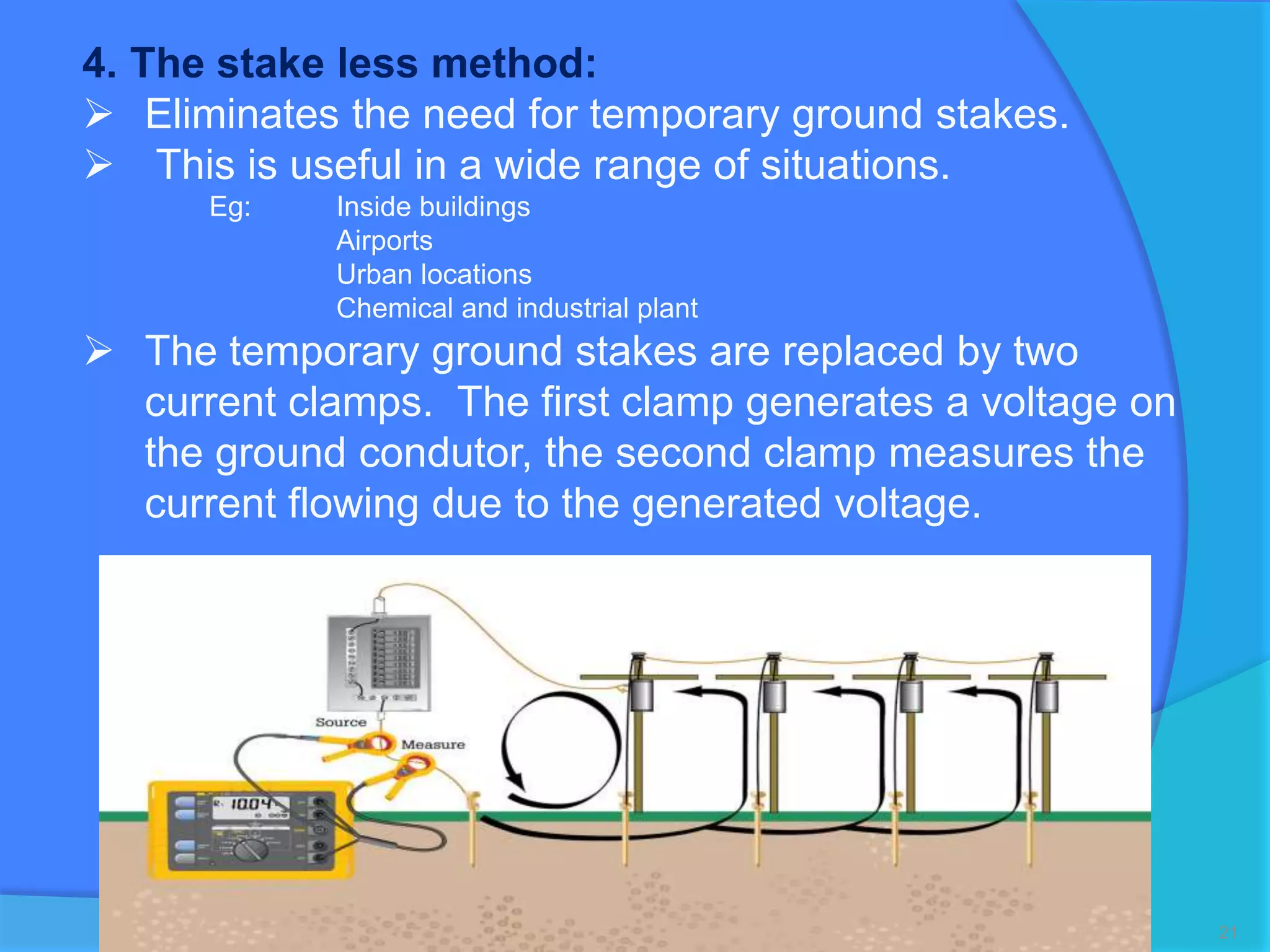 21
4. The stake less method:
 Eliminates the need for temporary ground stakes.
 This is useful in a wide range of situations.
Eg: Inside buildings
Airports
Urban locations
Chemical and industrial plant
 The temporary ground stakes are replaced by two
current clamps. The first clamp generates a voltage on
the ground condutor, the second clamp measures the
current flowing due to the generated voltage.
 