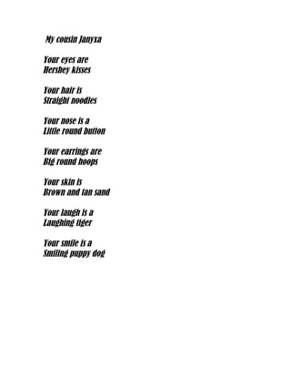 My cousin Janyxa

Your eyes are
Hershey kisses

Your hair is
Straight noodles

Your nose is a
Little round button

Your earrings are
Big round hoops

Your skin is
Brown and tan sand

Your laugh is a
Laughing tiger

Your smile is a
Smiling puppy dog
 