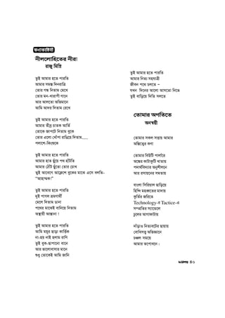 †Zvgvi AMwZ‡Z
Abš^qx
†Zvgvi mKj mËvq Avgvi
Aw¯—‡Z¡i KYv
†Zvgvi weDwU cvjv©‡i
A‡¼i KvUvKzwU LvZvq
c`v_©we`¨vi Abykxj‡b
Avi imvq‡bi mgZvq
evsjv wmwiqvj Qvwo‡q
wnw›` gneŸ‡Zi gv`vq
KzwZ©i Rwi‡Z
Technology-i Tactice-G
m¤cÖwZi m¨v‡Û‡j
Pz‡ji AvMvdvUvq
`vuovI wbZ¨e‡Ui Qvqvq
†evwamË¡ AwfÁv‡b
PÂj mg‡q
Avgvi Z‡cve‡b|
KYvKvwnbx
40
bxj‡jvwn‡Zi bxiv
ivRy wgw¯¿
ZzB Avgvi n‡Z cviwZ
Avgvi mg¯— w`bivwÎ
†Zvi MÜ wbZvg †g‡L
†Zvi gb-Lvivcx Mv‡b
Avi Avj‡Zv Awfgv‡b
Avwg Av`i w`Zvg †i‡L
ZzB Avgvi n‡Z cviwZ
Avgvi Zxeª PvZK AvwZ©
†Zv‡K Rvc‡U wbZvg ey‡K
†Zvi G‡jv †Lvucv ivwO‡q w`Zvg.....
cjv‡k-wKsï‡K
ZzB Avgvi n‡Z cviwZ
Avgvi nvZ Qyu‡q c_ nvuUwZ
Avgvi †VvuU Quy‡Zv †Zvi †PvL
ZyB Av‡e‡M Av‡K¬‡k ey‡Ki gv‡S G‡m ejwZ-
ÔÔAvnv¤§K!Ó
ZzB Avgvi n‡Z cviwZ
`yB cvMj ågYv_x©
†g‡j w`Zvg Wvbv
c‡_i gv‡SB evwb‡q wbZvg
A¯’vqx Av¯—vbv !
ZzB Avgvi n‡Z cviwZ
Avwg gq~i Qvov KvwË©K
bv-nq bvB njvg ivwY
ZzB eyK-Qvcv‡bv ev‡b
Avi fv‡jvevmvi gv‡b
ïay †Zv‡KB Avwg Rvwb
ZzB Avgvi n‡Z cviwZ
Avgvi wbZ¨ mnhvÎx
Rxeb c‡_ Pj‡Z Ñ
hLb w`‡bi Av‡jv Avm‡Zv wb‡f
ZzB evwo‡q w`wZ mj‡Z
 
