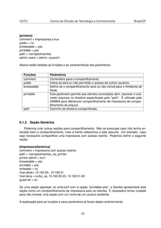 CDTC Centro de Difusão de Tecnologia e Conhecimento Brasil/DF
[printers]
comment = Impressoras Linux
public = no
browseable = yes
printable = yes
path = /var/spool/samba
admin users = admin, usuario1
Abaixo estão listadas as funções e as características dos parâmetros:
Funções Parâmetros
comment Comentário para o compartilhamento.
public Indica se será ou não permitido o acesso de outros usuários.
browseable Deﬁne se o compartilhamento será ou não visível para o Ambiente de
Rede.
printable Este parâmetro permite aos clientes conectados abrir, escrever e sub-
meter arquivos no diretório especiﬁcado pelo "path". É utilizado pelo
SAMBA para diferenciar compartilhamento de impressora de compar-
tilhamento de arquivo.
path Caminho do diretório compartilhado.
6.1.5 Seção Genérica
Podemos criar outras seções para compartilhamento. Não se preocupe caso não tenha en-
tendido bem o compartilhamento, mais à frente voltaremos a este assunto. Um exemplo: caso
seja necessário compartilhar uma impressora com acesso restrito. Podemos deﬁnir a seguinte
seção:
[ImpressoraGenérica]
comment = impressora com acesso restrito
path = /var/spool/samba_my_printer
printer admin = kurt
browseable = yes
printable = yes
writeable = no
host allow= 10.160.50., 10.190.51
host deny = turbo_xp, 10.160.50.23, 10.160.51.60
guest ok = no
Se uma seção apareçer no smb.conf com a opção "printable=yes", o Samba apresentará esta
seção como um compartilhamento de impressora para os clientes. É necessário tomar cuidado
para não nomear uma seção com um nome de um usuário existente.
A explicação para as funções e seus parâmetros já foram dados anteriormente.
43
 