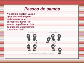 Passos do samba No samba existem vários tipos de samba e para cada samba uma coreografia típica .No samba de gafieira exis...