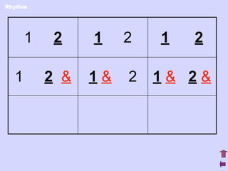 Rhythm




      1    2    1    2   1   2

  1       2 &   1&   2   1& 2&
 