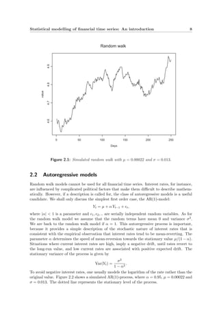 Statistical modelling of ﬁnancial time series: An introduction 8
Days
value
0 50 100 150 200 250
4.64.74.84.9
Random walk
Figure 2.1: Simulated random walk with µ = 0.00022 and σ = 0.013.
2.2 Autoregressive models
Random walk models cannot be used for all ﬁnancial time series. Interest rates, for instance,
are inﬂuenced by complicated political factors that make them diﬃcult to describe mathem-
atically. However, if a description is called for, the class of autoregressive models is a useful
candidate. We shall only discuss the simplest ﬁrst order case, the AR(1)-model:
Yt = µ + α Yt−1 + t,
where |α| < 1 is a parameter and 1, 2, .. are serially independent random variables. As for
the random walk model we assume that the random terms have mean 0 and variance σ2.
We are back to the random walk model if α = 1. This autoregressive process is important,
because it provides a simple description of the stochastic nature of interest rates that is
consistent with the empirical observation that interest rates tend to be mean-reverting. The
parameter α determines the speed of mean-reversion towards the stationary value µ/(1 − α).
Situations where current interest rates are high, imply a negative drift, until rates revert to
the long-run value, and low current rates are associated with positive expected drift. The
stationary variance of the process is given by
Var(Yt) =
σ2
1 − α2
.
To avoid negative interest rates, one usually models the logarithm of the rate rather than the
original value. Figure 2.2 shows a simulated AR(1)-process, where α = 0.95, µ = 0.00022 and
σ = 0.013. The dotted line represents the stationary level of the process.
 