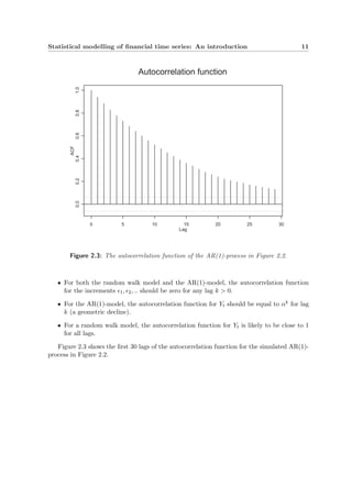 Statistical modelling of ﬁnancial time series: An introduction 11
Lag
ACF
0 5 10 15 20 25 30
0.00.20.40.60.81.0
Autocorrelation function
Figure 2.3: The autocorrelation function of the AR(1)-process in Figure 2.2.
• For both the random walk model and the AR(1)-model, the autocorrelation function
for the increments 1, 2, .. should be zero for any lag k > 0.
• For the AR(1)-model, the autocorrelation function for Yt should be equal to αk for lag
k (a geometric decline).
• For a random walk model, the autocorrelation function for Yt is likely to be close to 1
for all lags.
Figure 2.3 shows the ﬁrst 30 lags of the autocorrelation function for the simulated AR(1)-
process in Figure 2.2.
 