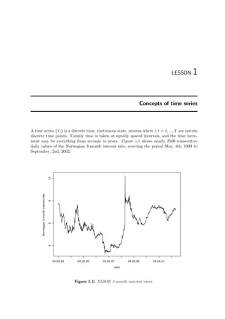 LESSON 1
Concepts of time series
A time series {Yt} is a discrete time, continuous state, process where t; t = 1, ..., T are certain
discrete time points. Usually time is taken at equally spaced intervals, and the time incre-
ment may be everything from seconds to years. Figure 1.1 shows nearly 2500 consecutive
daily values of the Norwegian 3-month interest rate, covering the period May, 4th, 1993 to
September, 2nd, 2002.
date
Norwegian3-monthinterestrate
46810
04.05.93 04.05.95 04.05.97 04.05.99 04.05.01
Figure 1.1: NIBOR 3-month interest rates.
 