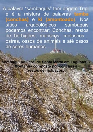 Sambaqui no Farol de Santa Marta em Laguna/SC.
Montanha composta por conchas e
restos de moluscos.
A palavra “sambaquis” tem origem Tupi
e é a mistura de palavras tamba
(conchas) e ki (amontoado). Nos
sítios arqueológicos sambaquis
podemos encontrar: Conchas, restos
de berbigões, mariscos, moluscos ,
ostras, ossos de animais e até ossos
de seres humanos.
 