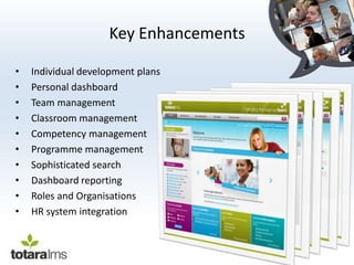Key Enhancements

•   Individual development plans
•   Personal dashboard
•   Team management
•   Classroom management
•   Competency management
•   Programme management
•   Sophisticated search
•   Dashboard reporting
•   Roles and Organisations
•   HR system integration
 