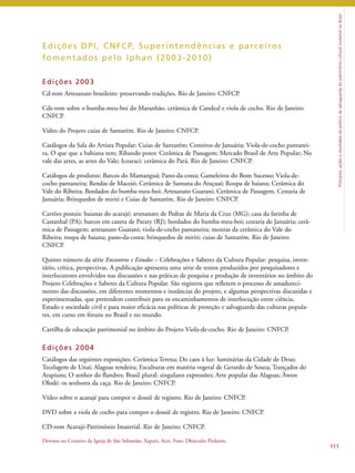 Princípios, ações e resultados da política de salvaguarda do patrimônio cultural imaterial no Brasil 
111 
Edi ções DPI , CNFCP, Super intendências e parcei ros 
fomentados pelo Iphan (2003-2010) 
Edi ções 2003 
Cd-rom Artesanato brasileiro: preservando tradições. Rio de Janeiro: CNFCP. 
Cds-rom sobre o bumba-meu-boi do Maranhão, cerâmica de Candeal e viola de cocho. Rio de Janeiro: 
CNFCP. 
Vídeo do Projeto cuias de Santarém. Rio de Janeiro: CNFCP. 
Catálogos da Sala do Artista Popular: Cuias de Santarém; Cesteiros de Januária; Viola-de-cocho pantanei-ra, 
O que que a bahiana tem; Ribando potes: Cerâmica de Passagem; Mercado Brasil de Arte Popular; No 
vale das artes, as artes do Vale; Icoaraci: cerâmica do Pará. Rio de Janeiro: CNFCP. 
Catálogos de produtos: Barcos do Mamanguá; Pano-da-costa; Gameleiros do Bom Sucesso; Viola-de-cocho 
pantaneira; Rendas de Maceió; Cerâmica de Santana do Araçuaí; Roupa de baiana; Cerâmica do 
Vale do Ribeira; Bordados do bumba-meu-boi; Artesanato Guarani; Cerâmica de Passagem, Cestaria de 
Januária; Brinquedos de miriti e Cuias de Santarém. Rio de Janeiro: CNFCP. 
Cartões postais: baianas do acarajé; artesanato de Pedras de Maria da Cruz (MG); casa da farinha de 
Castanhal (PA); barcos em caxeta de Paraty (RJ); bordados do bumba-meu-boi; cestaria de Januária; cerâ-mica 
de Passagem; artesanato Guarani; viola-de-cocho pantaneira; mestras da cerâmica do Vale do 
Ribeira; roupa de baiana; pano-da-costa; brinquedos de miriti; cuias de Santarém. Rio de Janeiro: 
CNFCP. 
Quinto número da série Encontros e Estudos – Celebrações e Saberes da Cultura Popular: pesquisa, inven-tário, 
crítica, perspectivas. A publicação apresenta uma série de textos produzidos por pesquisadores e 
interlocutores envolvidos nas discussões e nas práticas de pesquisa e produção de inventários no âmbito do 
Projeto Celebrações e Saberes da Cultura Popular. São registros que refletem o processo de amadureci-mento 
das discussões, em diferentes momentos e instâncias do projeto, e algumas perspectivas discutidas e 
experimentadas, que pretendem contribuir para os encaminhamentos de interlocução entre ciência, 
Estado e sociedade civil e para maior eficácia nas políticas de proteção e salvaguarda das culturas popula-res, 
em curso em fóruns no Brasil e no mundo. 
Cartilha de educação patrimonial no âmbito do Projeto Viola-de-cocho. Rio de Janeiro: CNFCP. 
Edi ções 2004 
Catálogos das seguintes exposições: Cerâmica Terena; Do caos à luz: luminárias da Cidade de Deus; 
Tecelagem de Unaí; Alagoas rendeira; Esculturas em matéria vegetal de Gerardo de Souza; Trançados do 
Arapiuns; O senhor do flandres; Brasil plural: singulares expressões; Arte popular das Alagoas; Àwon 
Olodé: os senhores da caça. Rio de Janeiro: CNFCP. 
Vídeo sobre o acarajé para compor o dossiê de registro. Rio de Janeiro: CNFCP. 
DVD sobre a viola de cocho para compor o dossiê de registro. Rio de Janeiro: CNFCP. 
CD-rom Acarajé-Patrimônio Imaterial. Rio de Janeiro: CNFCP. 
Devotos no Cruzeiro da Igreja de São Sebastião, Xapuri, Acre. Foto: Dhárcules Pinheiro. 
 