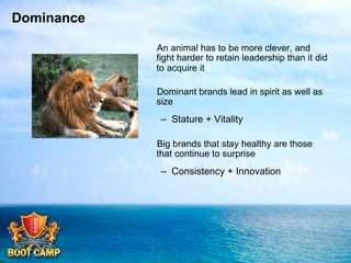 Dominance
 An animal has to be more clever, and
fight harder to retain leadership than it did
to acquire it
 Dominant brands lead in spirit as well as
size

–  Stature + Vitality
 Big brands that stay healthy are those
that continue to surprise

–  Consistency + Innovation

 