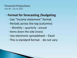  Format for forecasting /budgeting
◦ Use “income statement” format
◦ Periods across the top (columns)
 Monthly – quarterly - annual
◦ Items down the side (rows)
◦ Use electronic spreadsheet – Excel
◦ This is standard format - do not vary
 