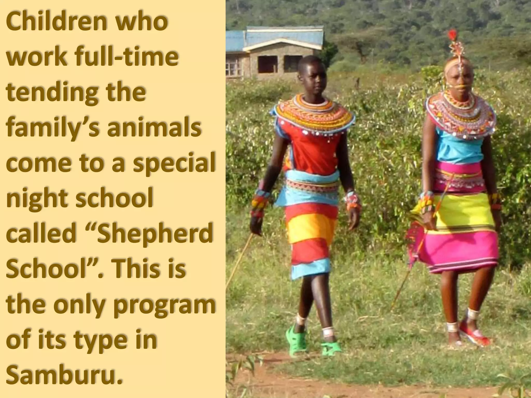 Children who
work full-time
tending the
family’s animals
come to a special
night school
called “Shepherd
School”. This is
the only program
of its type in
Samburu.
 