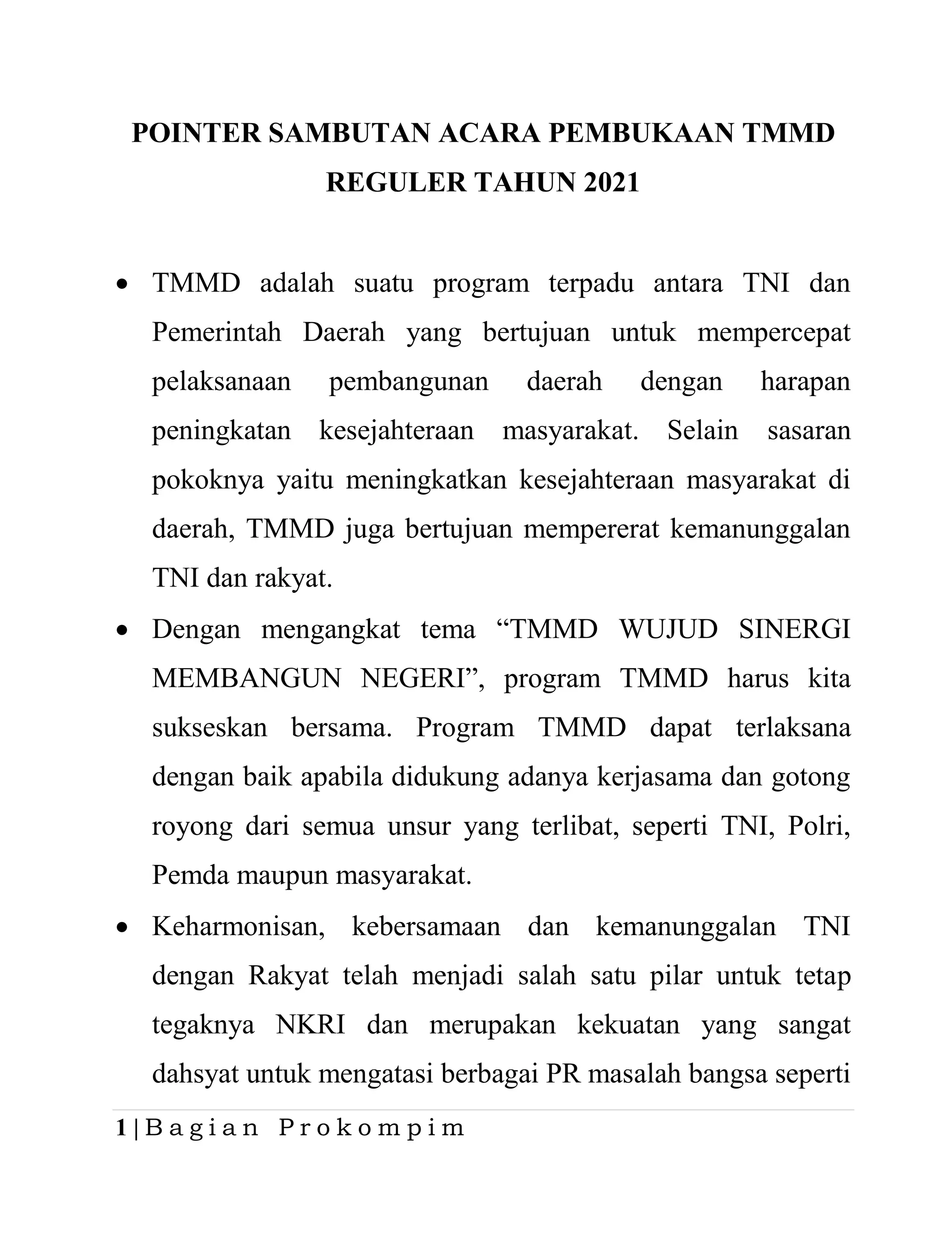 Sambutan bupati wonosobo acara pembukaan tmmd | PDF