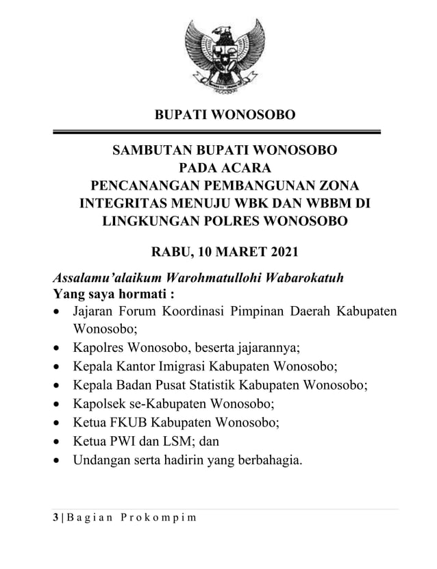 Sambutan bupati wonosobo acara pencanangan zona integritas menuju wbk