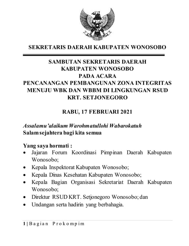 Sambutan sekda pencanangan zona integritas menuju wbk | PDF