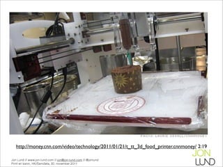 http://money.cnn.com/video/technology/2011/01/21/t_tt_3d_food_printer.cnnmoney/ 2:19

Jon Lund // www.jon-lund.com // jon@jon-lund.com // @jonlund
Print en kanin, HK/Samdata, 30. november 2011
 