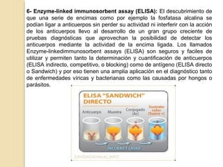 6- Enzyme-linked immunosorbent assay (ELISA): El descubrimiento de
que una serie de encimas como por ejemplo la fosfatasa alcalina se
podían ligar a anticuerpos sin perder su actividad ni interferir con la acción
de los anticuerpos llevo al desarrollo de un gran grupo creciente de
pruebas diagnósticas que aprovechan la posibilidad de detectar los
anticuerpos mediante la actividad de la encima ligada. Los llamados
Enzyme-linkedimmunosorbent assays (ELISA) son seguros y faciles de
utilizar y permiten tanto la determinación y cuantificación de anticuerpos
(ELISA indirecto, competitivo, o blocking) como de antígeno (ELISA directo
o Sandwich) y por eso tienen una amplia aplicación en el diagnóstico tanto
de enfermedades víricas y bacterianas como las causadas por hongos o
parásitos.
 