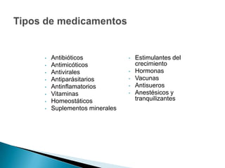 • Antibióticos
• Antimicóticos
• Antivirales
• Antiparásitarios
• Antinflamatorios
• Vitaminas
• Homeostáticos
• Suplementos minerales
• Estimulantes del
crecimiento
• Hormonas
• Vacunas
• Antisueros
• Anestésicos y
tranquilizantes
 
