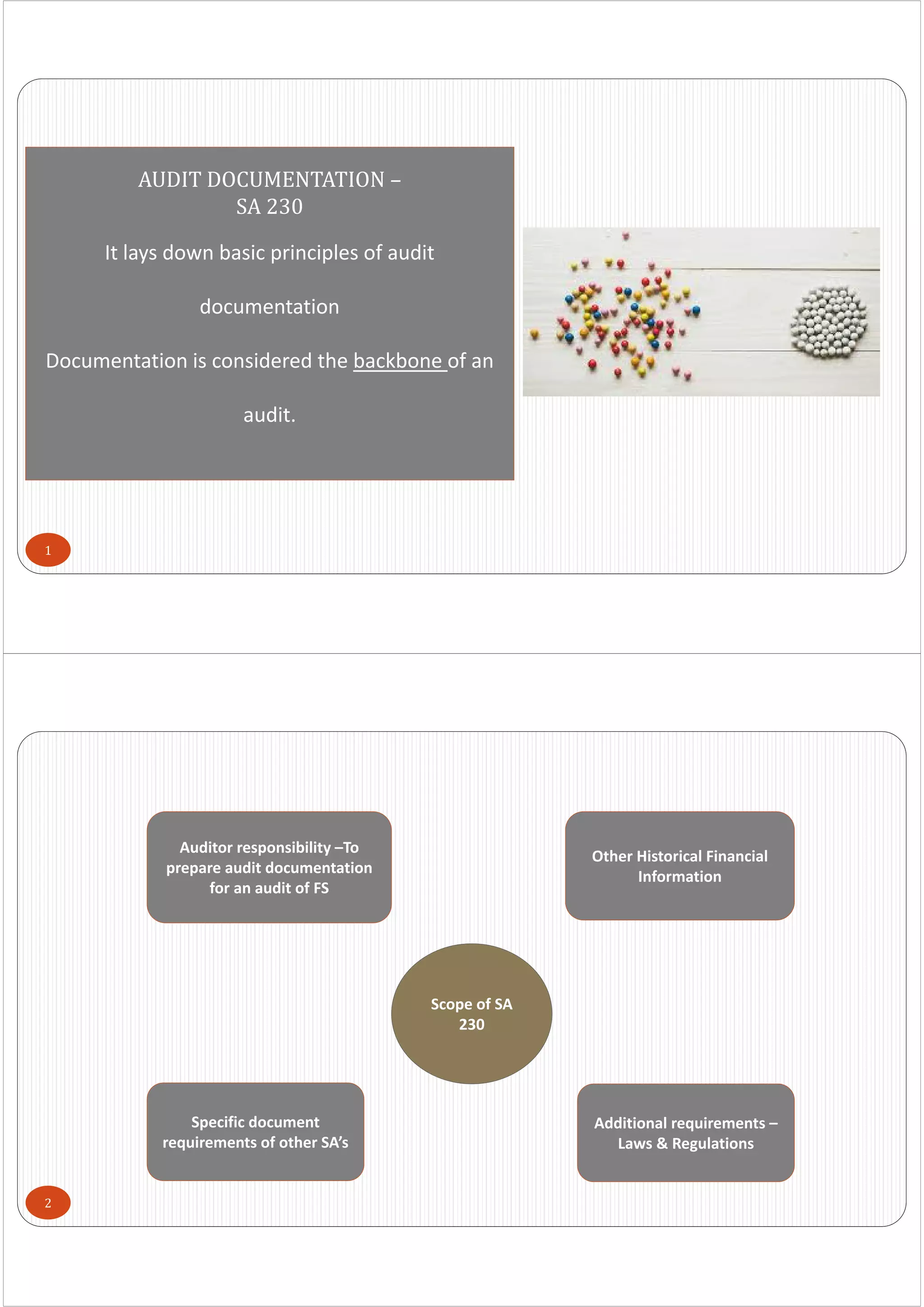 1
AUDIT DOCUMENTATION –
SA 230
It lays down basic principles of audit 
documentation
Documentation is considered the backbone of an 
audit. 
2
Auditor responsibility –To 
prepare audit documentation 
for an audit of FS
Other Historical Financial 
Information
Specific document 
requirements of other SA’s
Additional requirements –
Laws & Regulations
Scope of SA 
230
 